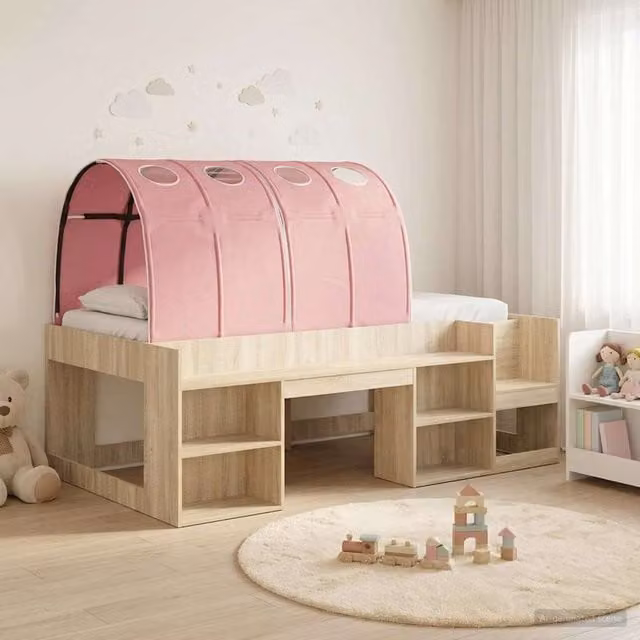 Cama infantil Maison Exclusive con túnel de 3 piezas en madera de ingeniería, color roble sonoma y rosa, An/P/Al: 90 x 193 x 65 cm