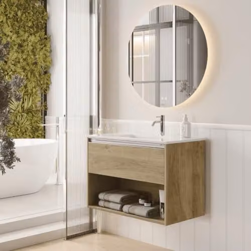 Mueble de baño suspendido B BAÑO TOTAL con lavabo cerámico, diseño moderno en roble y blanco con cajón y estante abierto, An: 80 cm