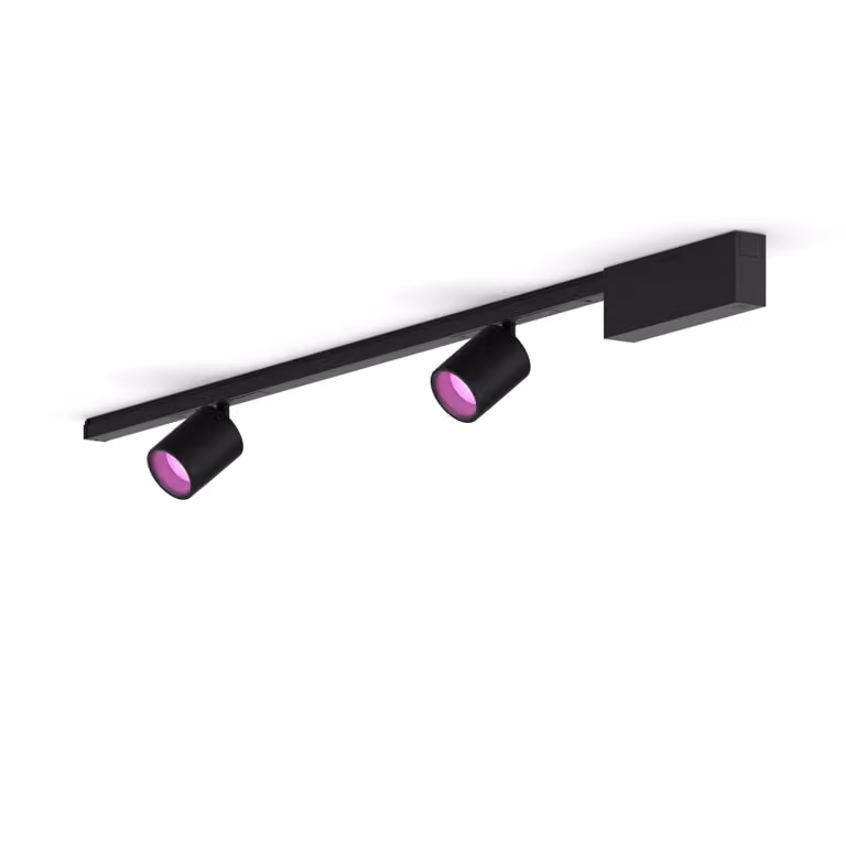 Kit de carril Philips Hue Perifo con 2 focos RGB en color negro y base de techo recta de metal