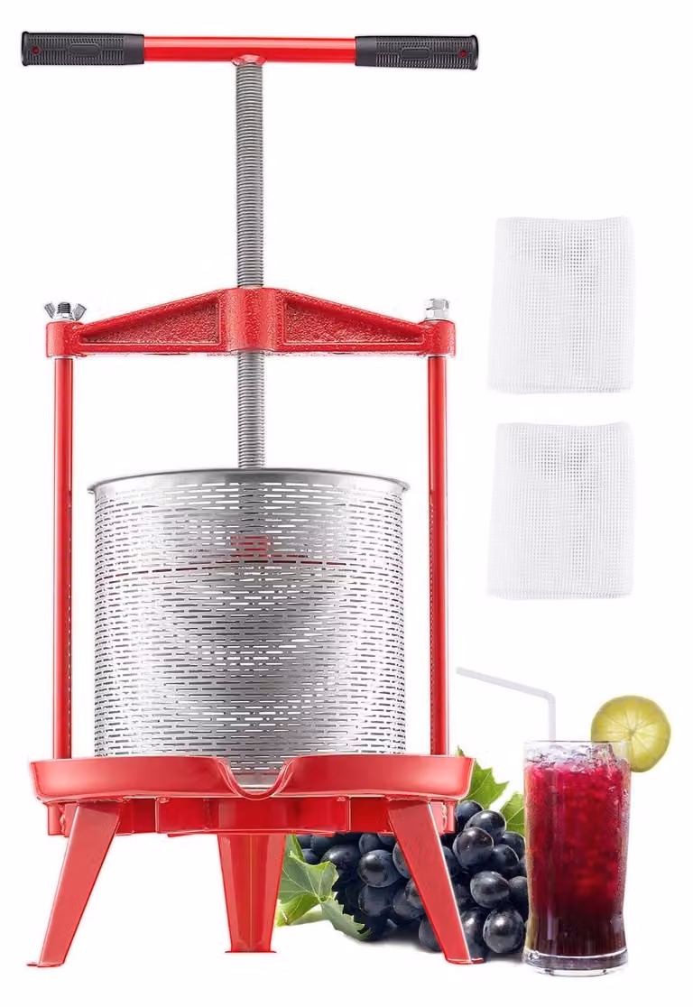 Prensa y molino manual de frutas VEVOR en acero inoxidable color rojo con capacidad de 14 litros