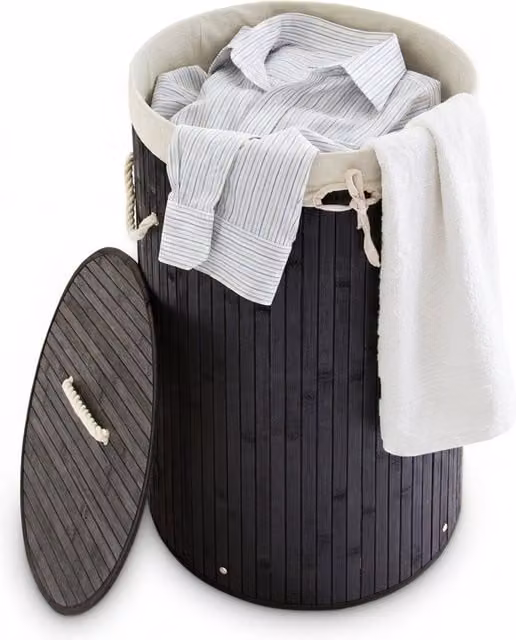Set de 3 cestos para ropa sucia de bambú plegables con tapa y bolsas de algodón de relaxdays, color negro, capacidad 70 l, Altura: 65 cm, Diámetro: 41 cm