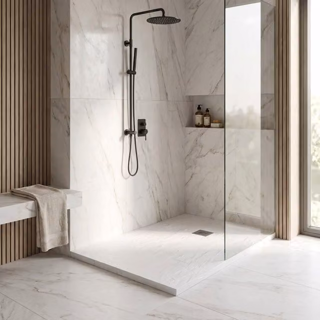 Plato de ducha rectangular de resina mineral Showey color blanco con rejilla y desagüe An/P/Al: 120 x 70 x 3 cm