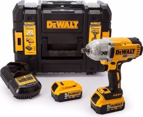 Llave de impacto inalámbrica DeWalt DCF899P2-QW 18V con 2 baterías de 5.0 Ah y maletín de transporte en color negro y amarillo