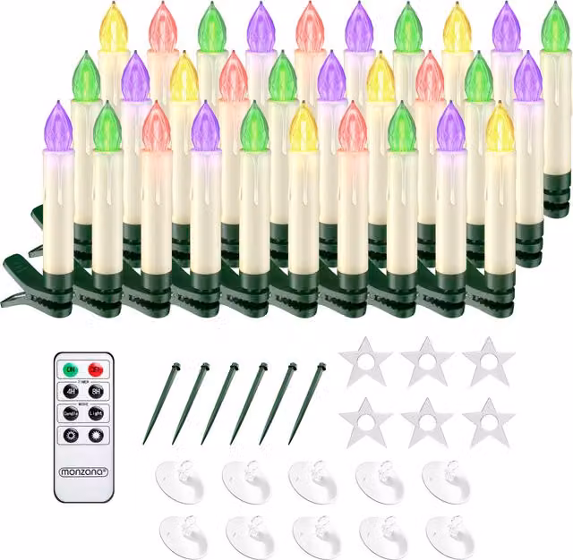 Set de 30 velas LED de tipo taper Monzana multicolor para árbol de Navidad con efecto parpadeo, temporizador y mando a distancia