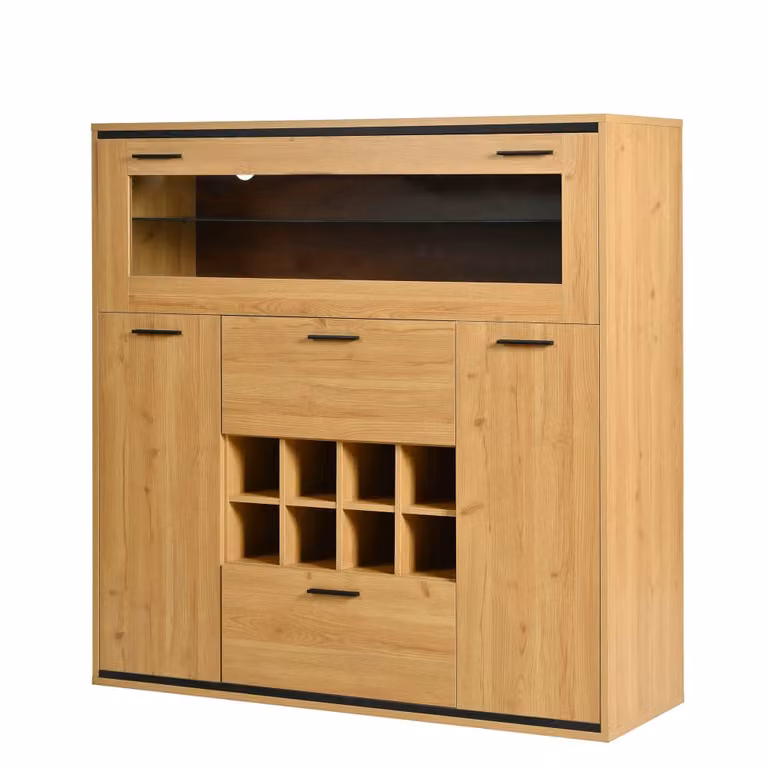 Aparador alto Urban Meuble moderno en marrón y beige con puertas de cristal, iluminación LED, portabotellas y portavasos