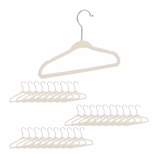 Set de 60 perchas infantiles de terciopelo y metal relaxdays con barra, muescas antideslizantes y gancho giratorio, beige, An/P/Al: 18 x 28 x 0,5 cm