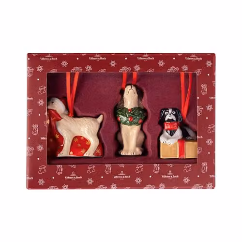 Set de 3 figuras decorativas de perros Nostalgic Ornaments de Villeroy & Boch en porcelana, colgantes para Navidad, multicolor, An/P/Al: 5 x 5 x 7,5 cm