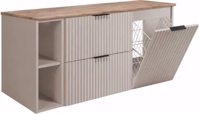 Conjunto de mueble de baño 3XE LIVING con cesto para la ropa, acabado cachemir y encimera de roble claro con tiradores negros, An/P/Al: 120 x 57 x 46 cm
