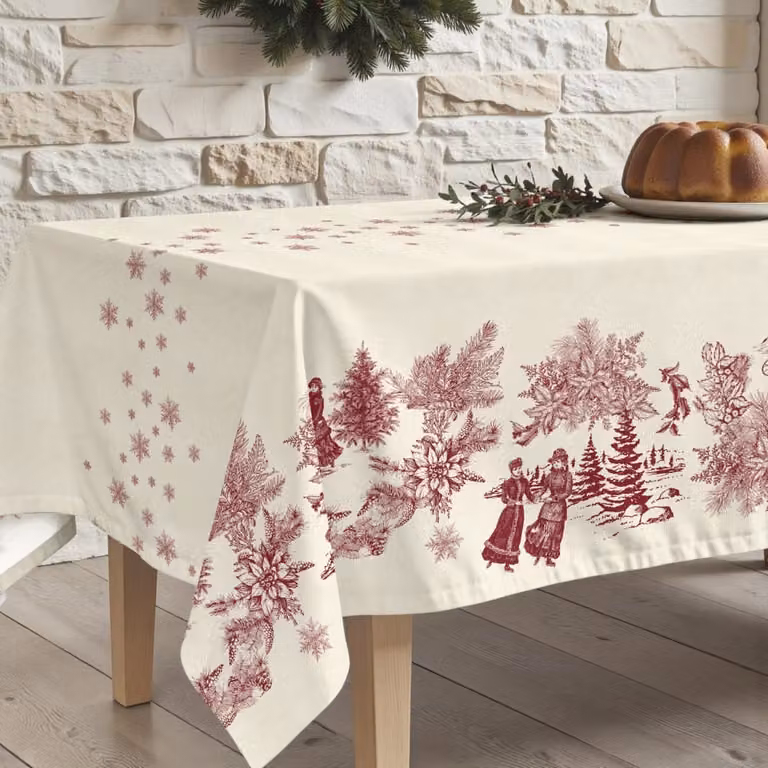 Mantel de Navidad Muare Home rectangular de algodón con efecto antimanchas en rojo y blanco, An/P: 300 x 155 cm