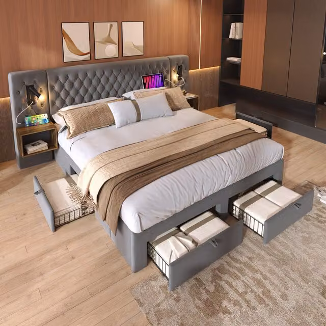 Juego de dormitorio Kellany con cama doble tapizada en terciopelo gris, 2 mesillas de noche y 4 cajones, cabecero con luz de lectura y carga USB, An/P/Al: 160 x 200 cm (sin colchón)