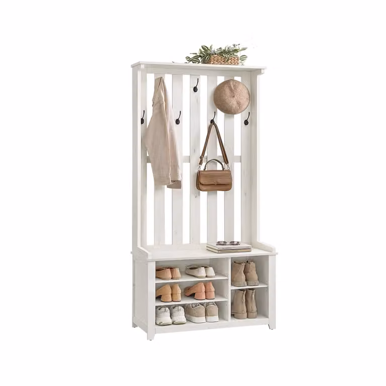 VASAGLE Perchero de recibidor con banco zapatero y estante, blanco rústico, An/P/Al: 81 x 35 x 180 cm