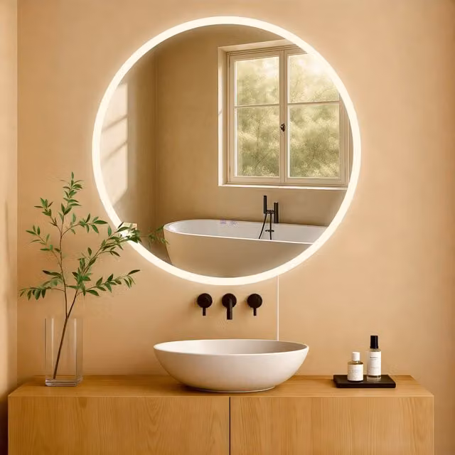 Espejo de baño Laconia redondo de 80 cm en color blanco con iluminación LED a 360°, función antivaho y regulable
