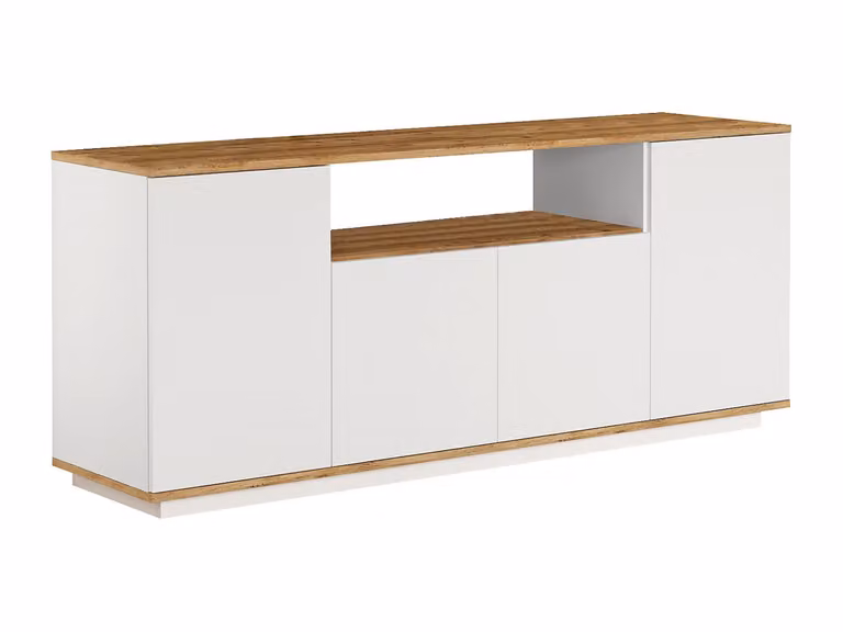 Aparador moderno Calicosy con 4 puertas y nicho decorativo en madera de pino, color blanco y beige
