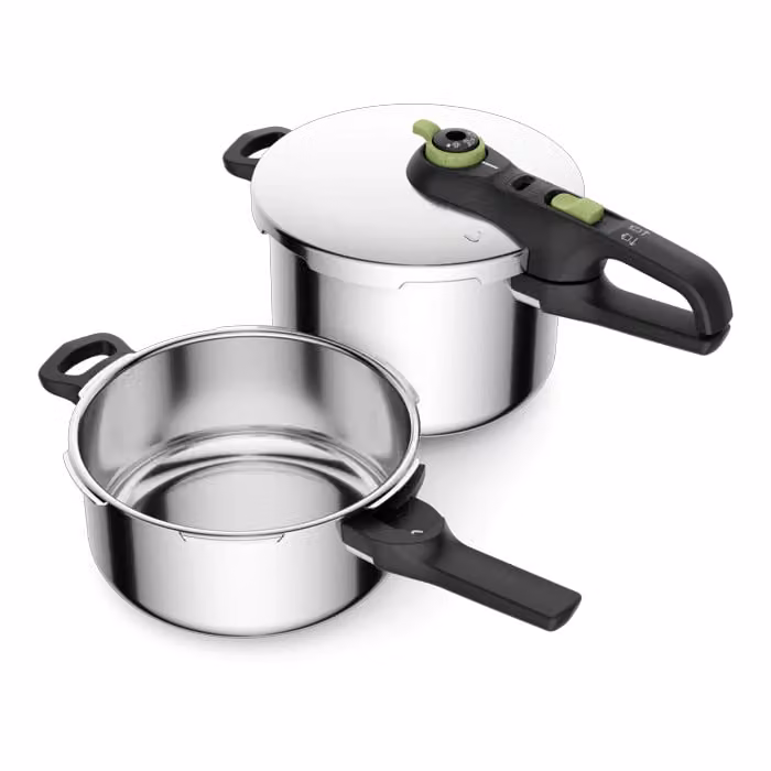 Set de ollas a presión Tefal Secure Trendy de acero inoxidable en color plata, incluye olla de 6 L y cazo de 4 L, compatible con inducción