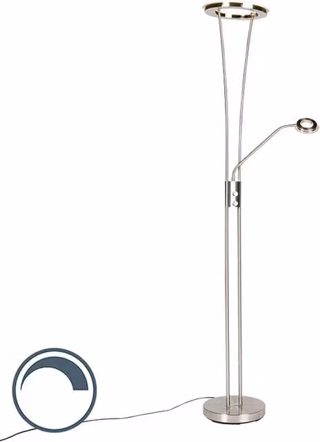 Lámpara de pie moderna Qazqa con brazo de lectura, acero inoxidable y cristal, LED integrada regulable, color plata
