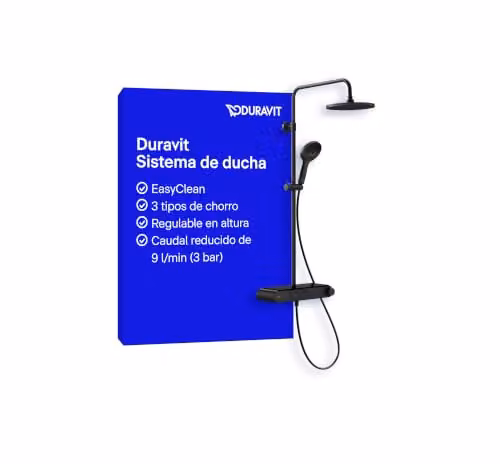 Sistema de ducha Duravit con termostato, rociador superior y alcachofa de mano, 3 tipos de chorro (lluvia, masaje y mono), montaje empotrado en pared, negro mate