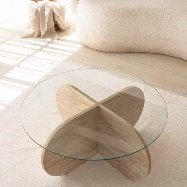 Mesa de centro Ribe de Concept-Usine con efecto piedra, tablero de cristal transparente y base de madera beige, An/P/Al: 75 x 75 x 35 cm