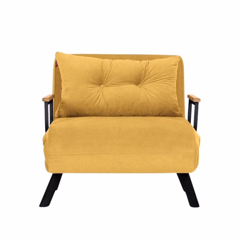 Sillón cama Calicosy de tela amarilla con estructura de metal y madera de haya para adultos