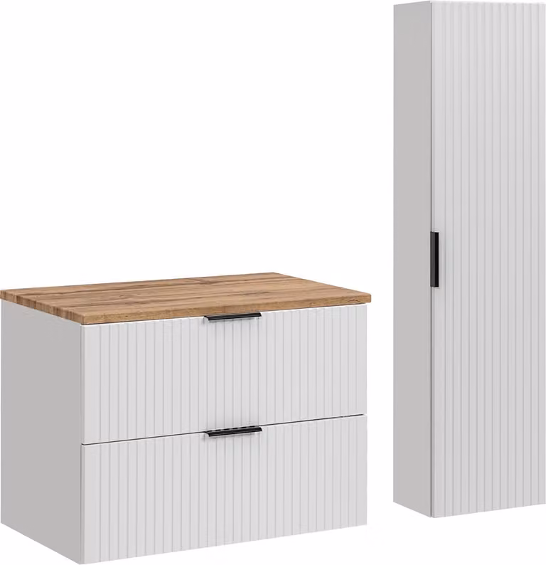 Conjunto de mueble de baño moderno DMK con mueble lavabo y armario alto en blanco mate y roble An/P/Al: 80 x 46,5 x 140 cm