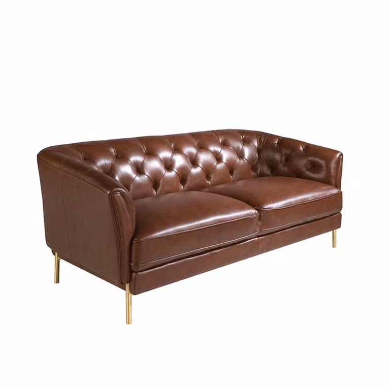 Sofá Chesterfield de 2 plazas Angel Cerdá en piel marrón coñac y acero dorado An/P/Al: 188 x 94 x 75 cm
