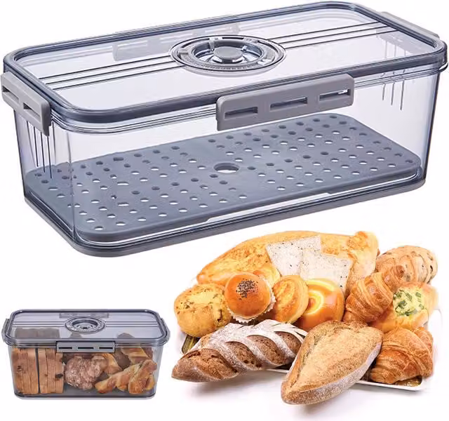 Panera de encimera hermética con temporizador para pan, bollos y bagels, fabricada en plástico y silicona, disponible en colores amarillo, gris y transparente