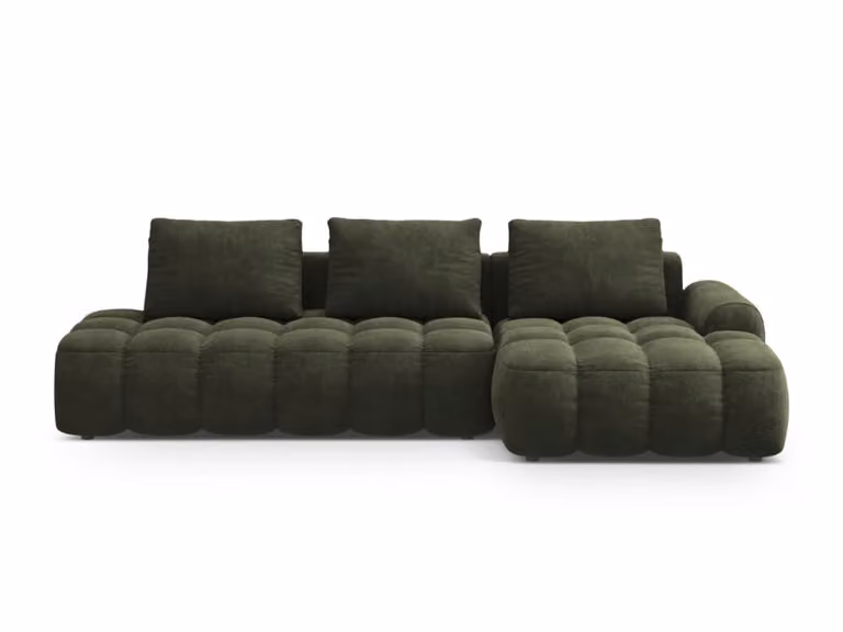 Sofá cama esquinero derecho Cosmopolitan Design de 3 plazas en terciopelo verde con baúl y otomana, An/P/Al: 140 x 225 cm