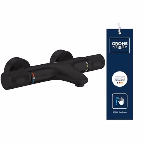 Grifo termostático de baño visto GROHE Precision Feel en negro mate con tecnología CoolTouch y botón de seguridad