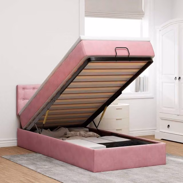 Estructura de cama otomana Maison Exclusive con terciopelo rosa y blanco, base abatible con iluminación bajo la cama y puerto de carga USB, An/P/Al: 100 x 203 x 78 cm
