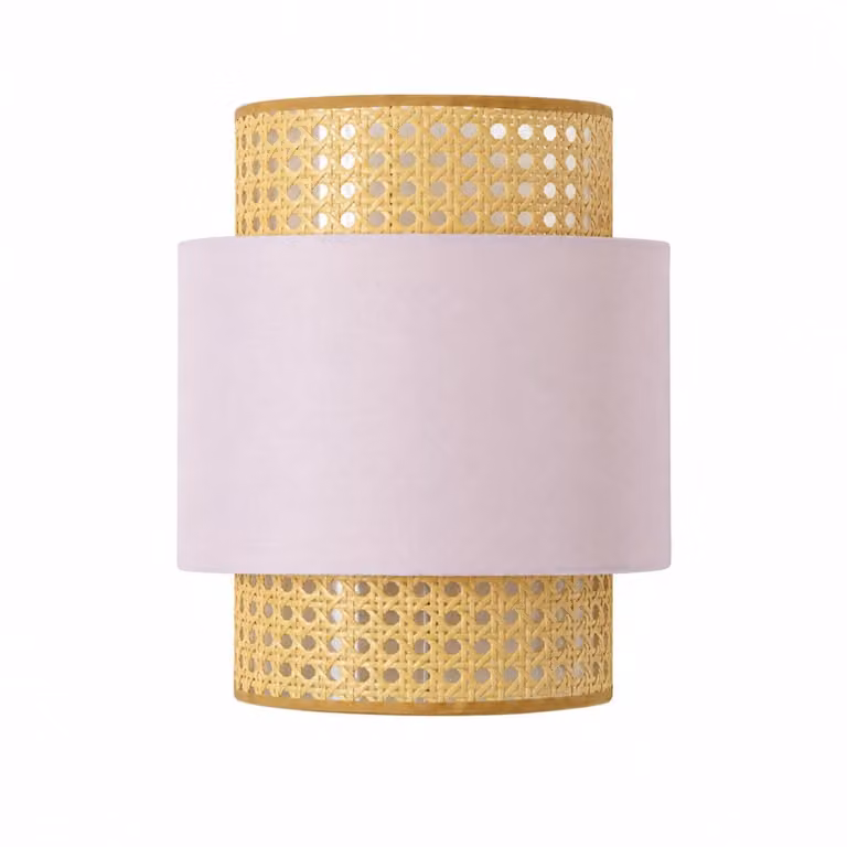 Aplique de pared de ratán natural y tela rosa Bambina de ALPINALUZ con casquillo E27, Altura: 28,5 cm