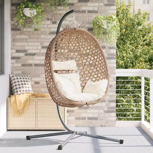 Silla huevo colgante moderna vidaXL de ratán sintético con cojines en color beige y marrón, An/P/Al: 104 x 100 x 191 cm