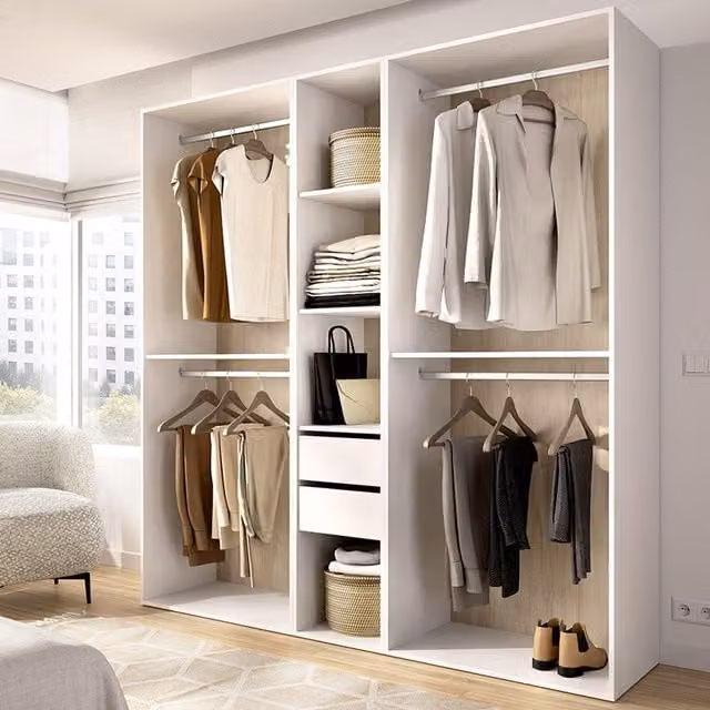 Armario Grande Rector DMORA con Puertas Correderas, Estantes y Cajones Integrados, Blanco y Roble, An: 45 cm, Al: 205 cm