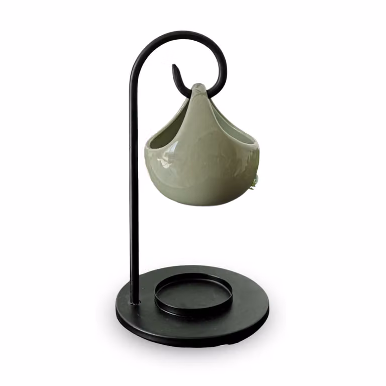 Quemador de cera y difusor de aceites esenciales Zen'Aroma en metal negro y cerámica verde, Altura: 19 cm