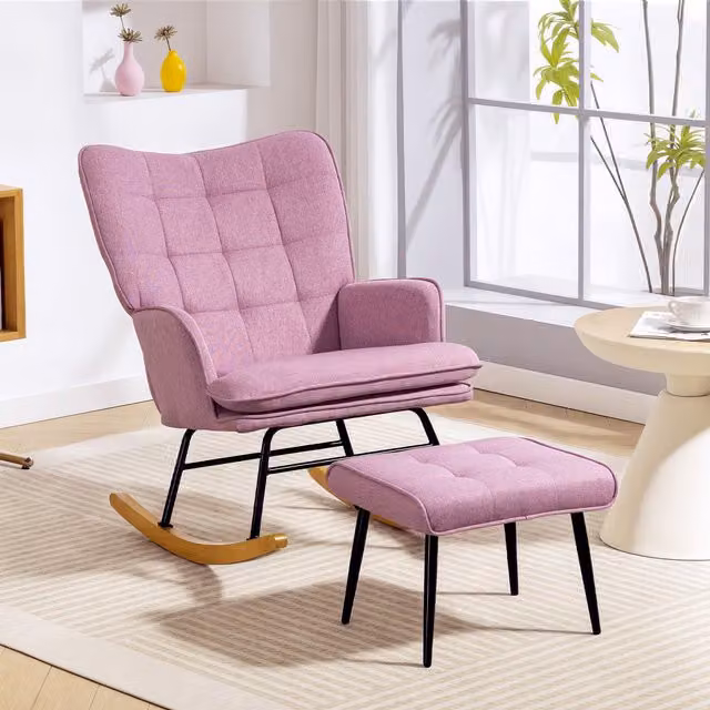 Silla mecedora Homcom con reposapiés y cojín acolchado, sillón de relax rosa con patas de madera de haya para salón o dormitorio, An/P/Al: 64 x 89 x 90 cm