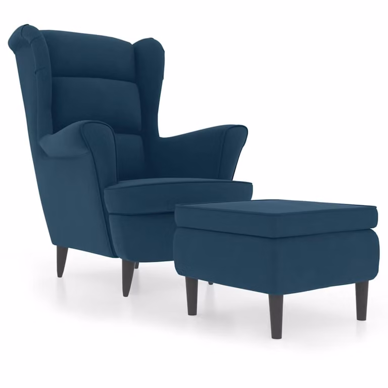 Sillón orejero con taburete vidaXL de terciopelo azul y estructura de madera