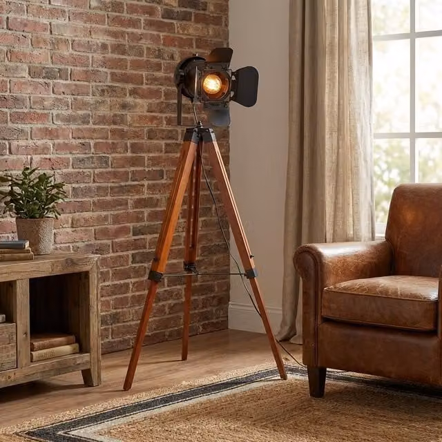 Lámpara de pie trípode ALPINALUZ estilo retro industrial con foco proyector orientable en madera y metal color negro, Altura: 139.7 cm