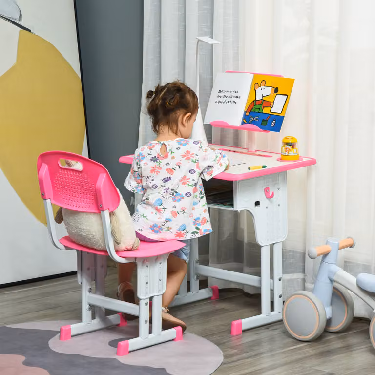 Banco de escuela con silla HOMCOM para niños de 6 a 12 años, altura ajustable, con lámpara LED, atril y portabolígrafos, color rosa