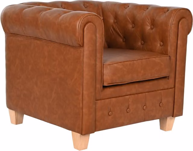 Sillón Chesterfield FIJALO de Poliéster y Simil Piel Marrón con Estructura de Madera An/P/Al: 80 x 80 x 70 cm