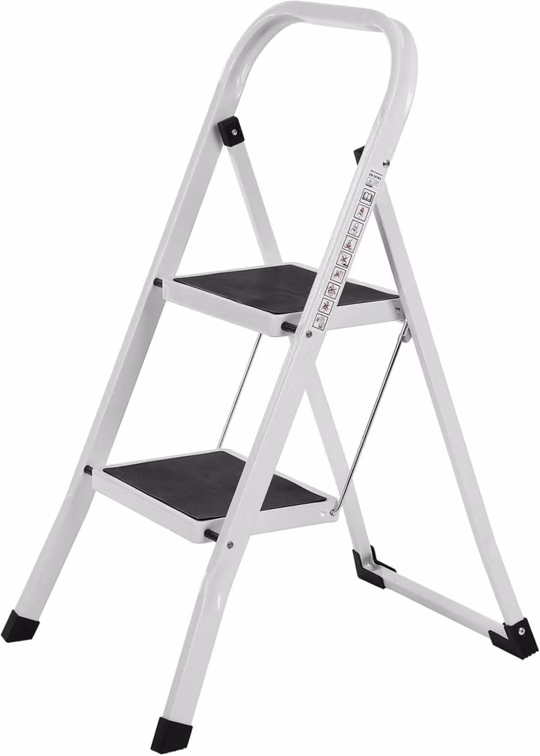 Escalera de tijera plegable Songmics de acero con 2 peldaños y pies de goma en color blanco