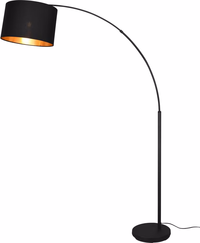 Lámpara de pie con arco RL LIVE YOUR LIGHT Bolivia en negro y oro con pantalla de tela y cuerpo metálico, Al: 171 cm, An: 35 cm, P: 120 cm