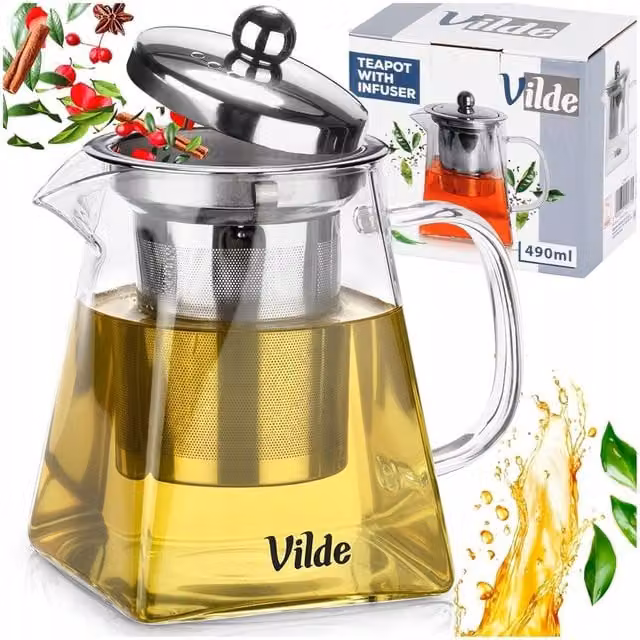 Tetera de vidrio transparente Vilde con infusor de acero inoxidable de 490 ml