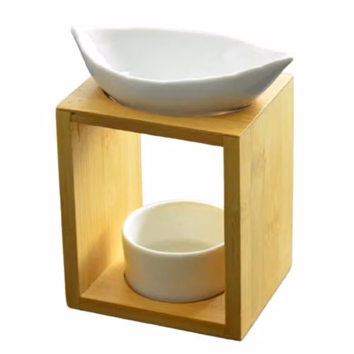 Quemador de perfume y cera Zen'Arome con diseño de follaje en cerámica blanca y madera, difusor de aceites esenciales para aromaterapia, Altura: 13 cm