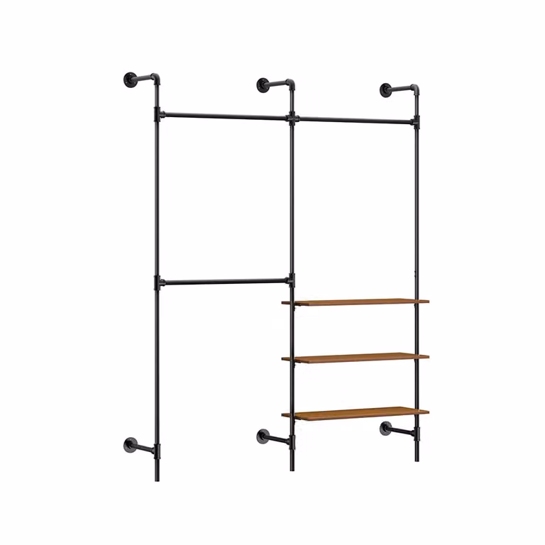 Perchero industrial de pared Sobuy con 3 barras y 3 estantes en color negro, An/P/Al: 168 x 46 x 220 cm