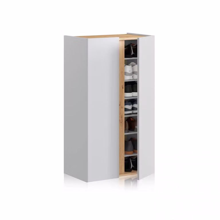 Armario zapatero de 2 puertas Duehome en blanco mate y roble, An: 56,6 cm, Al: 102 cm, P: 35 cm