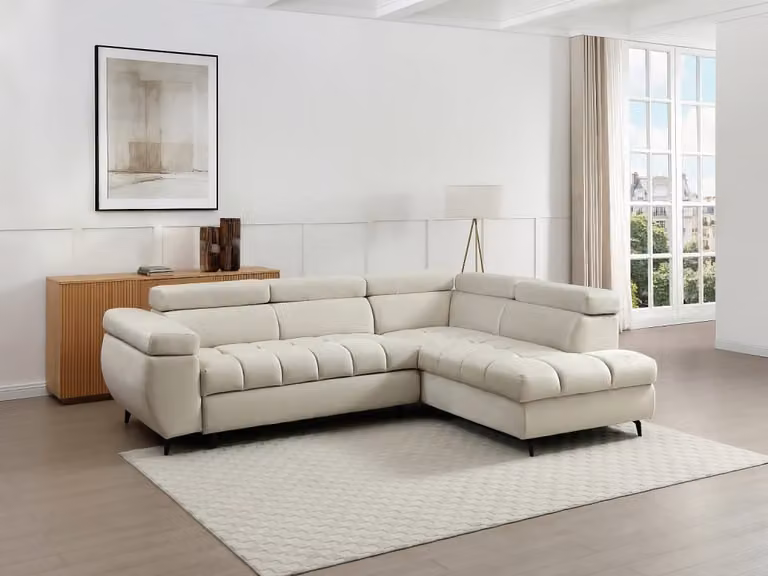 Sofá cama rinconera derecha de terciopelo beige Vente-Unique con reposacabezas ajustable y fundas extraíbles An/P/Al: 274 x 133 x 80 cm