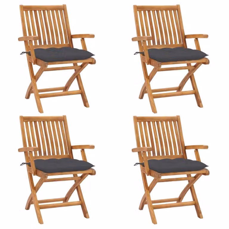 Set de 4 sillas de jardín plegables Syfax de madera de teca con cojines gris antracita