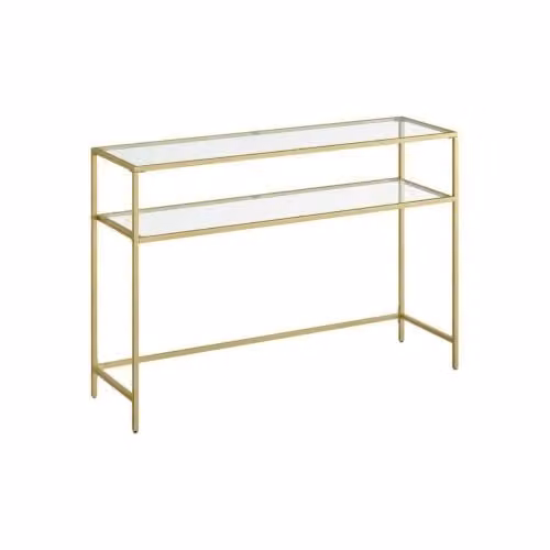Mesa consola Calicosy SELIA de metal y cristal con 2 estantes en color dorado, An: 90 cm, Al: 80 cm, P: 30 cm