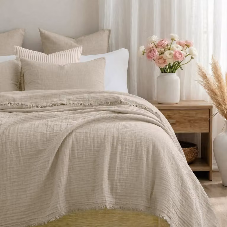 Colcha de algodón Febronie beige con flecos An/P: 230 x 250 cm