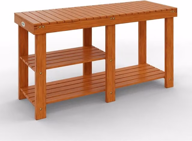 Banco zapatero NORTHIX de madera de acacia con 2 estantes, color marrón, An/P/Al: 87 x 28 x 45 cm