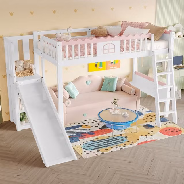 Cama alta infantil MODENVIE con iluminación LED, estantes y tobogán, fabricada en pino y MDF, An/P/Al: 90 x 200 x 171 cm, color blanco o rosa