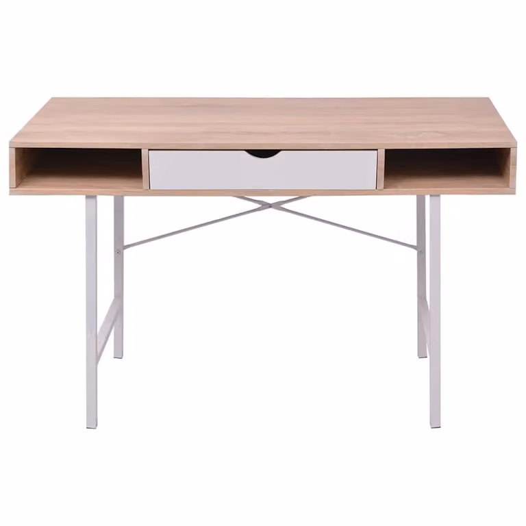 Escritorio de oficina moderno vidaXL en roble y blanco con un cajón y dos compartimentos, An/P/Al: 120 x 48 x 77 cm